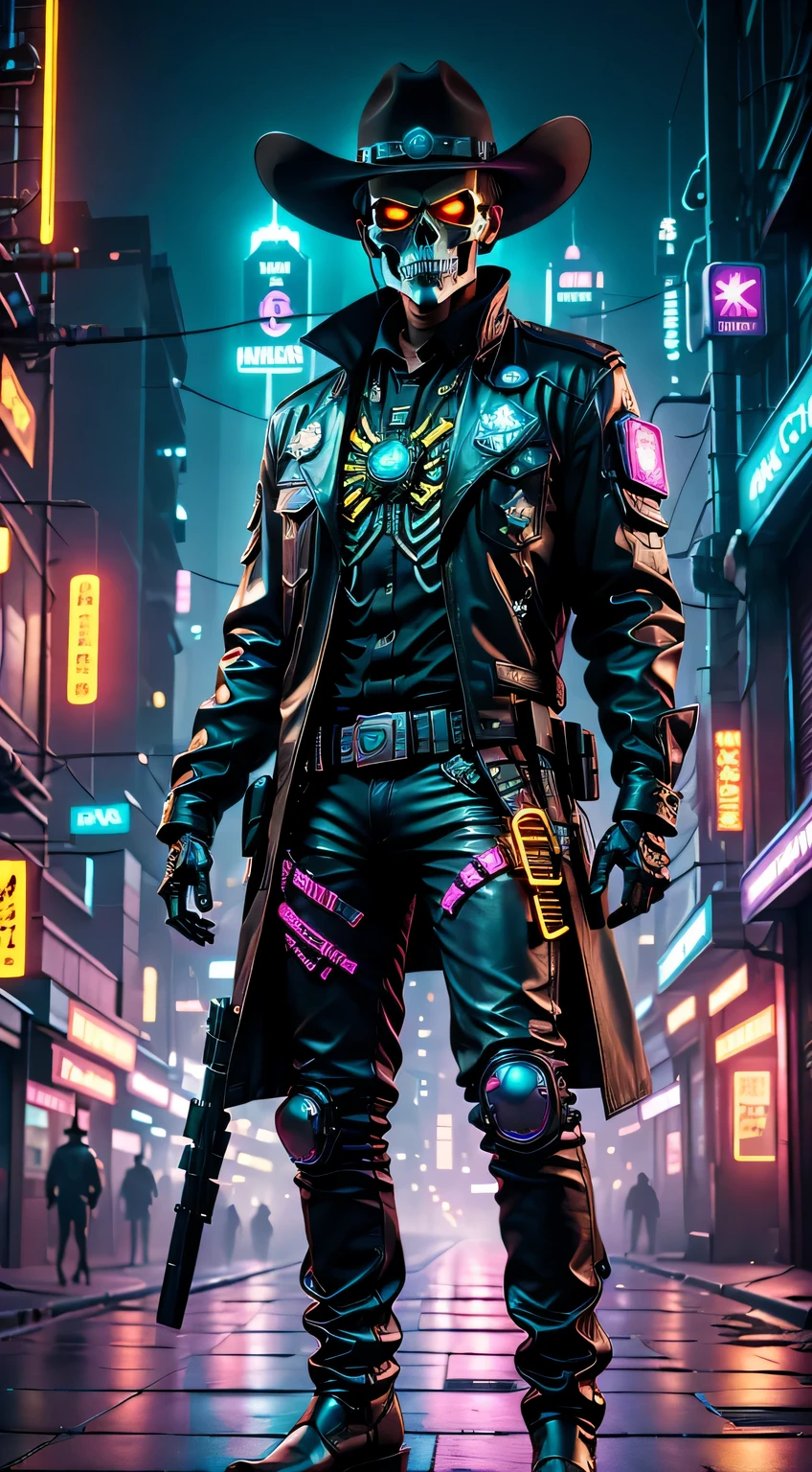 cyber punk personage,Skeleton Robot Cowboy Sheriff,Mysterious dark background,neonlight,cybernetically enhanced,Weapons of the future,wearing a cowboy hat+neonlightedge,Bionic arm,metal chin,red luminous eyes,dystopian city,Focus sharp,Steel texture,vibrant with colors,concept art style.(Best quality,4K,8K,A high resolution,tmasterpiece:1.2),ultra - detailed,(current,photocurrent,photo-current:1.37),