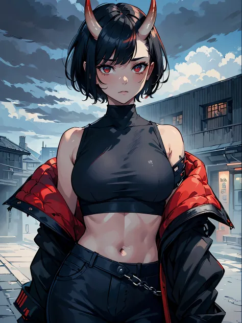 (masterpiece,best quality,ultra-detailed),1girl,red and grey crop top,(dark blue skin),(oni horns),short hair,medium hair,messy ...