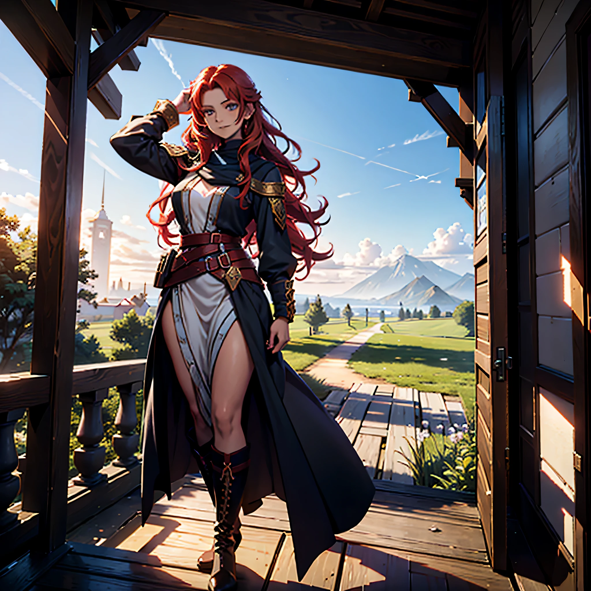 Full body portrait of Ileosa Arabasti from the Pathfinder Roleplaying Game, flowing mid-length red hair, wearing commoner clothes with boots, on the porch of a country house, serene expression, looking at the horizon, solo character