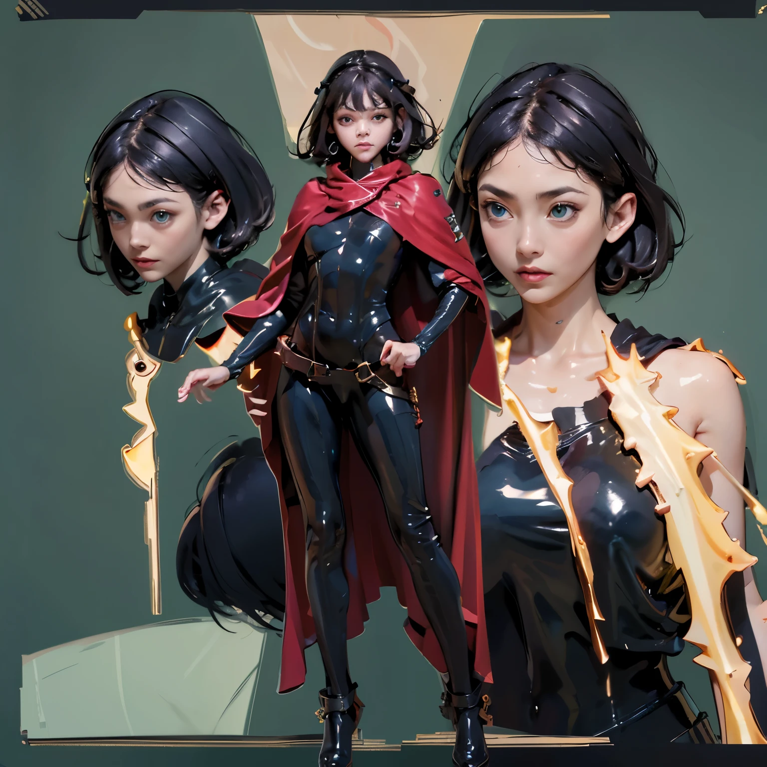 Full body, perfect face, big green eyes, laugthing , fighting pose, muscular female, Dinamic pose, Character sheet, pale skin, black latex clothes, huge boobs, hair band, curly hair, very short hair, red cape, facial expresions, black hair, ponytailhair, multiple angles, perspective, multiples images.