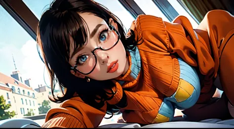 HD, 8k quality, masterpiece, Velma, dream girl huge tits, beautiful face, kissing lips, short bob hairstyle, long bangs, perfect...
