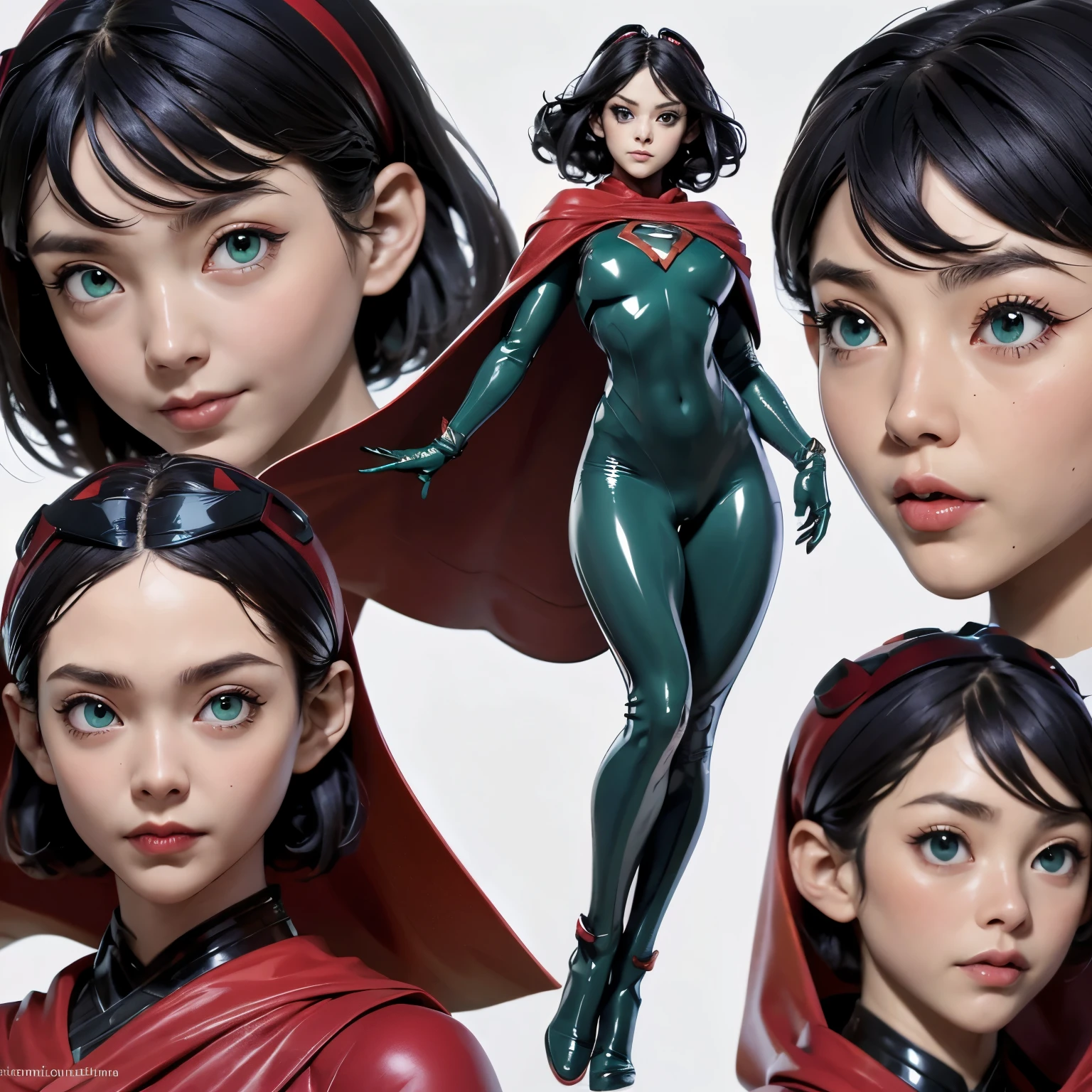 Full body, perfect face, big green eyes, laugthing , fighting pose, muscular female, Dinamic pose, Character sheet, pale skin, black latex clothes, small boobs, hair band, curly hair, very short hair, red superhero cape, facial expresions, black hair, ponytailhair, multiple angles, perspective, multiples images.