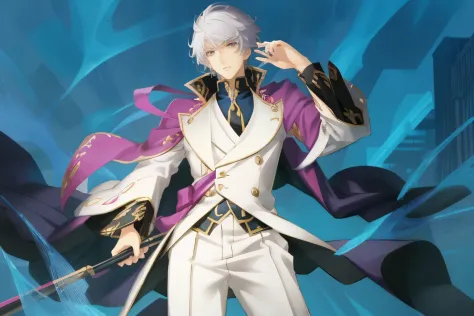 anime - a male in a white suit and purple jacket, beautiful androgynous prince, delicate androgynous prince, ((wearing aristocra...