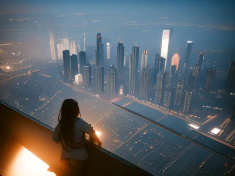 A girl is looking down on the city night view from the hill, the moon, shooting stars