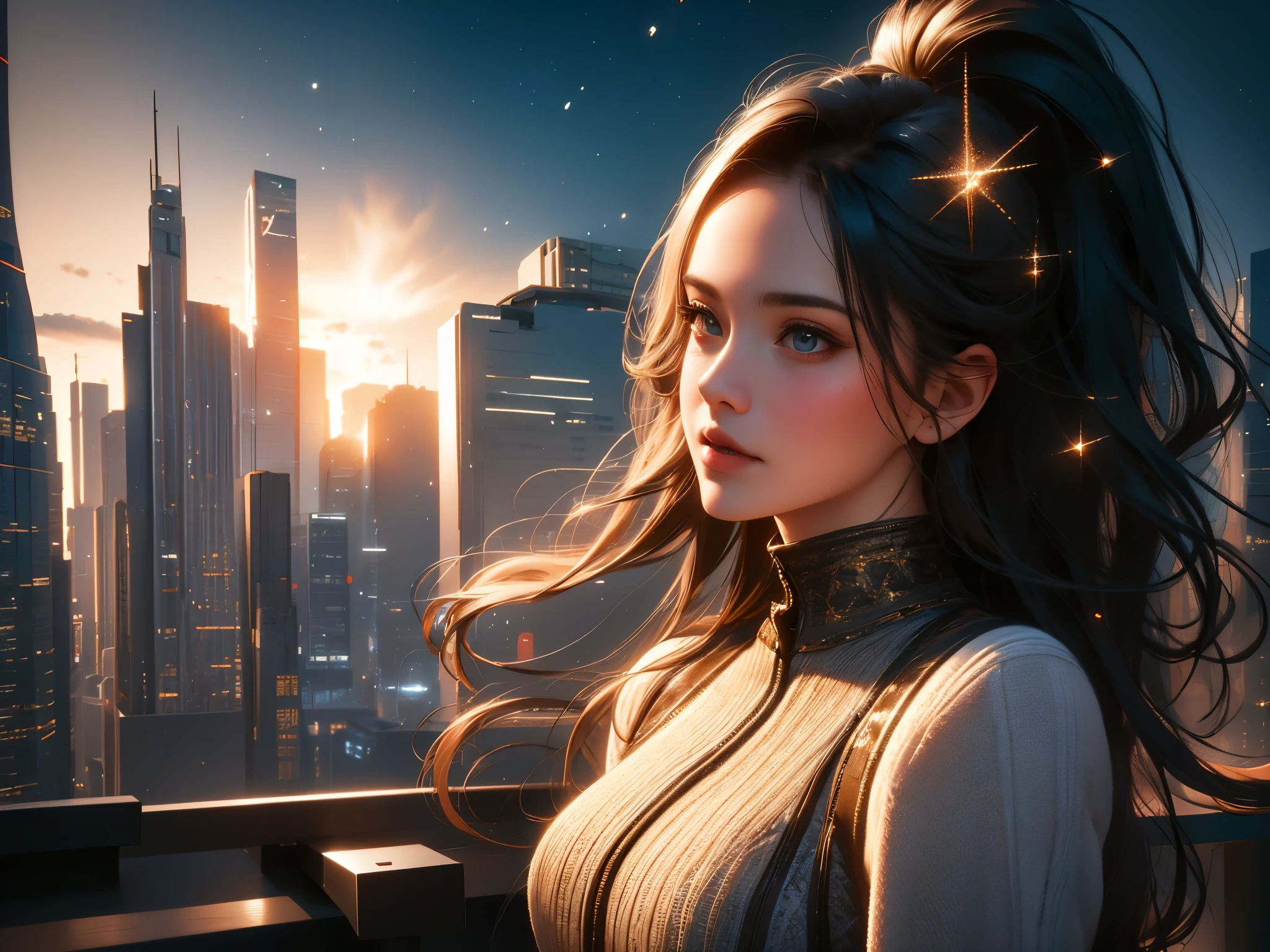 (best quality,4k,8k,highres,masterpiece:1.2),ultra-detailed,(realistic,photorealistic,photo-realistic:1.37),girl,city night view,hill,moon,shooting stars,milky way [illustration,landscape],beautiful detailed eyes,beautiful detailed lips,extremely detailed eyes and face,long eyelashes,vivid colors,studio lighting