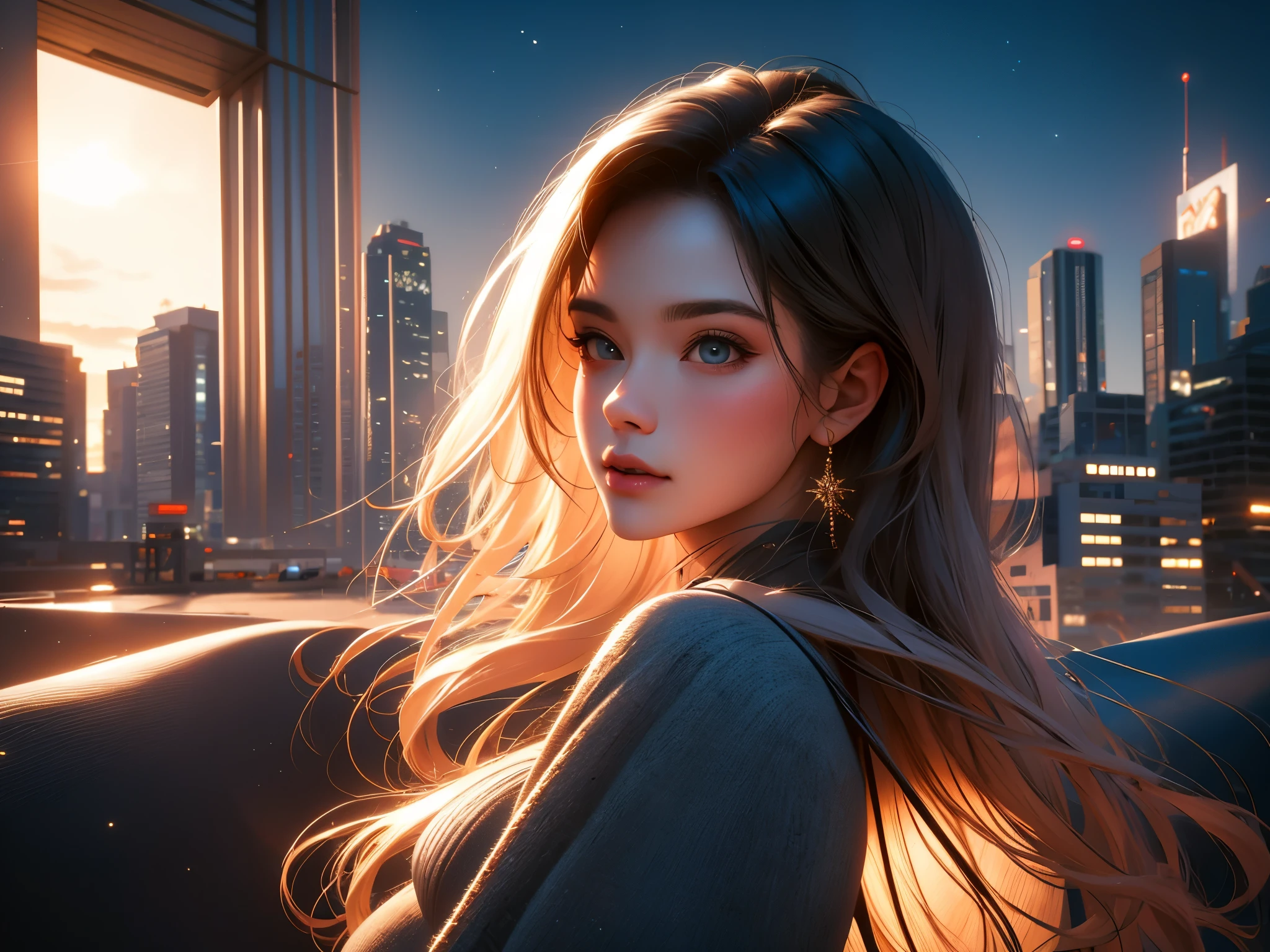 (best quality,4k,8k,highres,masterpiece:1.2),ultra-detailed,(realistic,photorealistic,photo-realistic:1.37),girl,city night view,hill,moon,shooting stars,milky way [illustration,landscape],beautiful detailed eyes,beautiful detailed lips,extremely detailed eyes and face,long eyelashes,vivid colors,studio lighting