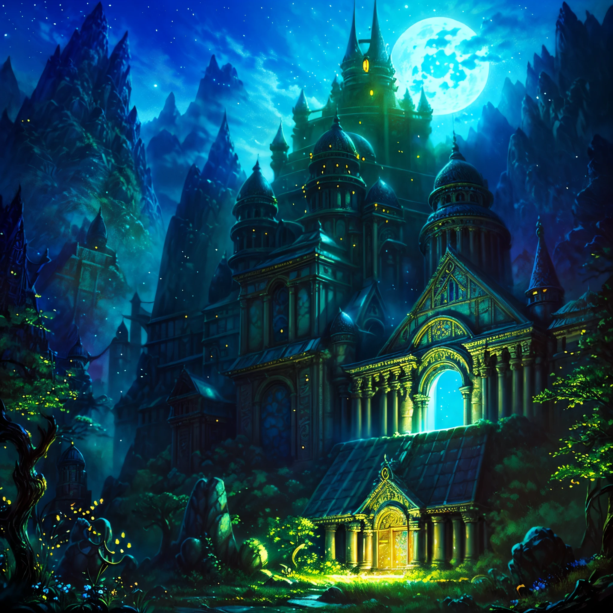 Elven city, spiderweb buildings, mushroom architecture, moonlit scenery, blue light, magical ambience, mystical aura, ethereal beauty, enchanted atmosphere, intricate details, delicate craftsmanship, otherworldly charm, elvish elegance, natural materials, majestic structures, moon's reflection, shimmering webs, luminous fungi, soothing glow, enchanted forest, whimsical design, ethereal illumination, tranquil setting, elven craftsmanship, dreamlike scenery, surreal architecture, mystical elements, immersive environment, magical cityscape, captivating view, moonlit streets, celestial glow, enchanting vibes, tranquil moonlight, fantasy world, elven realm, architectural marvels, mesmerizing aesthetics, sublime elegance, enchanted haven, ethereal glow, whimsical charm