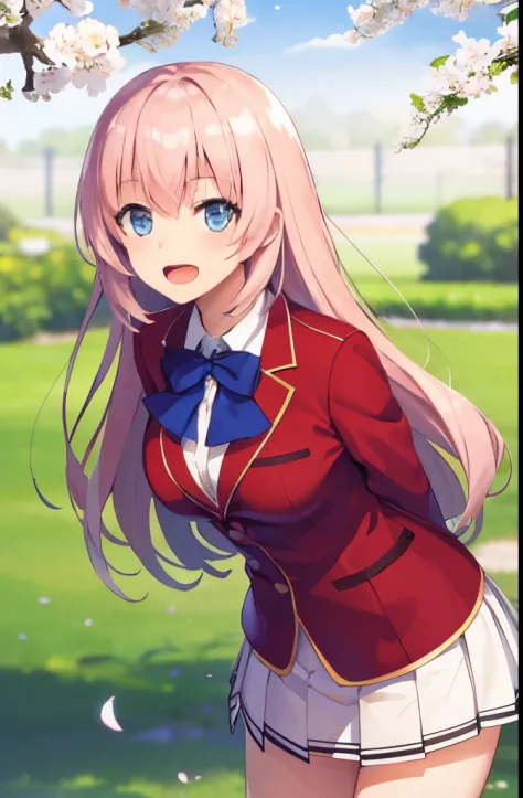 masterpiece, best quality, highres, aahonami, long hair, pink hair, blue eyes, school uniform, blue bowtie, blazer, red jacket, long sleeves, pleated skirt, white skirt, arms behind back, smile, open mouth, leaning forward, standing, cherry blossoms,