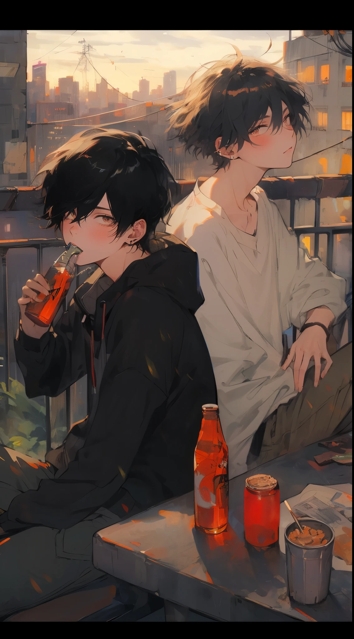 Anime boy and girl sitting on a balcony drinking soda - SeaArt AI