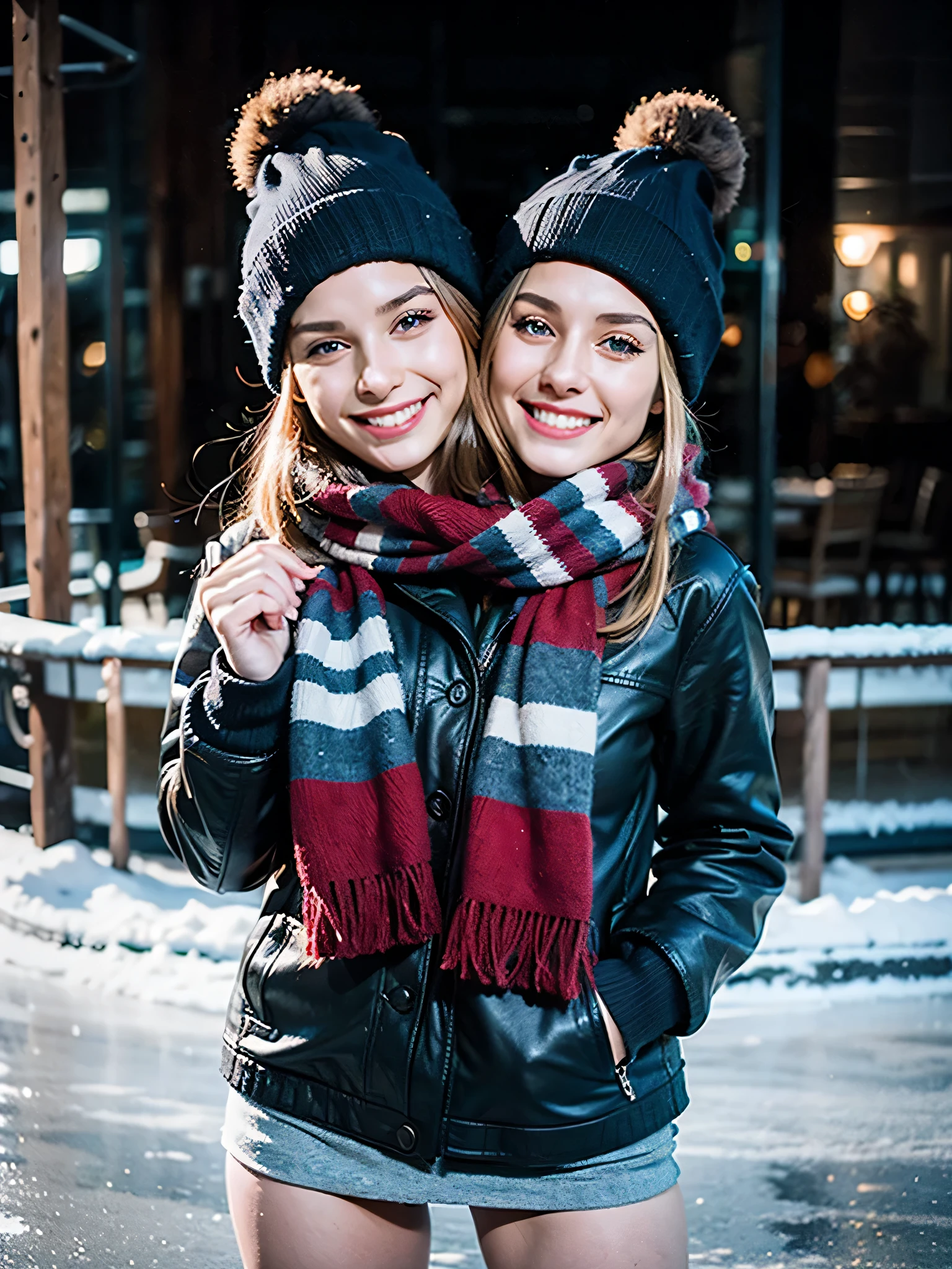 2heads, two headed girl, age 17, cute, blonde, wearing winter clothes, beanie, gloves, scarf,  skating, on outdoor rink, winter weather, happy, having fun,