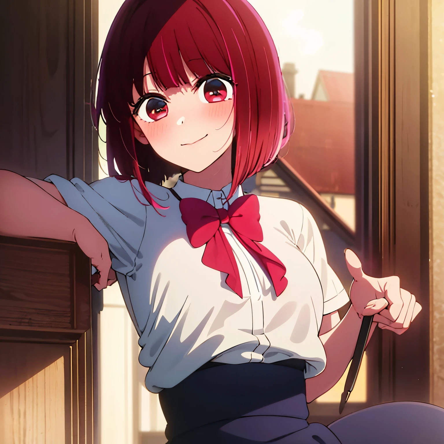 Masterpiece, Best quality, Hard drive, 4k, ultra-high resolution, Extreme detail, super detailed, Beautiful eyes, beautiful hair, Beautiful side, Beautiful skin, Arima Kana, redhead, short hair, red eyes, pupils glow red, big breasts, shiny leather, white shirt unbuttoned, bra drop strap, standing, arms in front, arms outstretched, Ahegao, blush, charming smile, eyes half closed, indoors, close-up, look at viewer