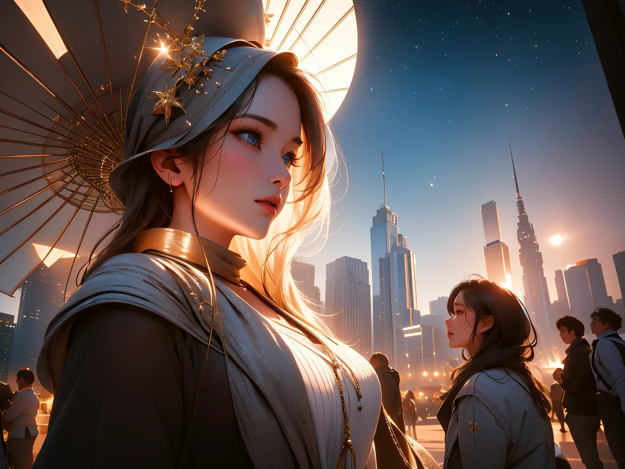 (best quality,4k,8k,highres,masterpiece:1.2),ultra-detailed,(realistic,photorealistic,photo-realistic:1.37),girl,city night view,hill,moon,shooting stars,milky way [illustration,landscape],beautiful detailed eyes,beautiful detailed lips,extremely detailed eyes and face,long eyelashes,vivid colors,studio lighting