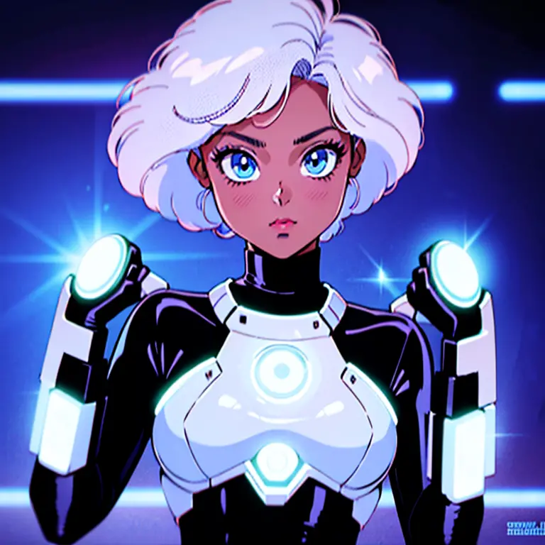 1girl, cybernetic suit, 90s style, upper body, sparkle, bokeh background, , thin lineart, beautiful brown skin, skin smooth, LED...