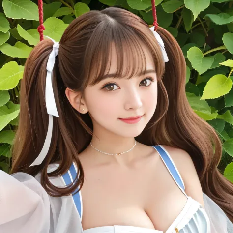 (Live-action adaptation:1.2), (high quality photograph:1.2),  A cute girl like a goddess, Shiny brown hair, Swing Twin Tail, (perfect tits), Delicate and beautiful eyes, Staring at me, smil, The cleavage is empty, Bust Sharp Focus,