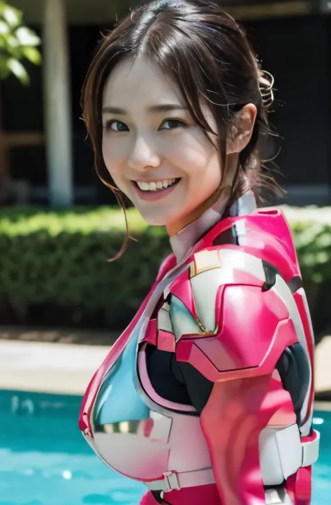 pink power range lemele、Realistic, shiny pink and white suit、Power Rangers Bodysuit、professional photo japanese model,fleshy body, A smile、Colossal tits、A dark-haired、Sweaty face、swimming pools、Emphasis on nipples、arching back down、