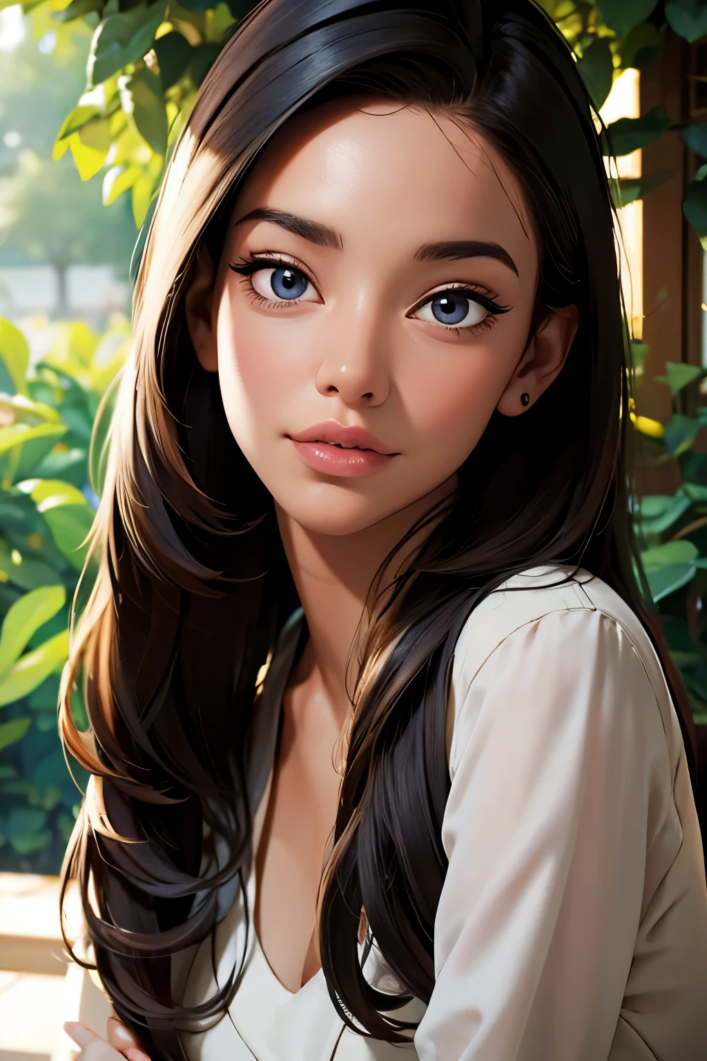 (best quality,4k,8k,highres,masterpiece:1.2),ultra-detailed,(realistic,photorealistic,photo-realistic:1.37),A girl in a garden,portraits,beautiful detailed eyes,beautiful detailed lips,extremely detailed eyes and face,longeyelashes,natural lighting,greenery,peaceful ambiance,flowing dress,flying hair,gentle sunlight,vivid colors,aesthetic composition,soft shadows,subtle breeze,serene expression,relaxed posture,harmonious background,dreamy atmosphere, dressed professionally, in her office, full view