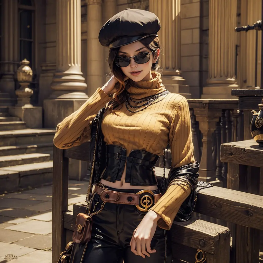 (masterpiece, best quality:1.2), cowboy shot, solo, 1girl, coco adel, grin, looking at viewer, hand on hip, beret, sunglasses, o...