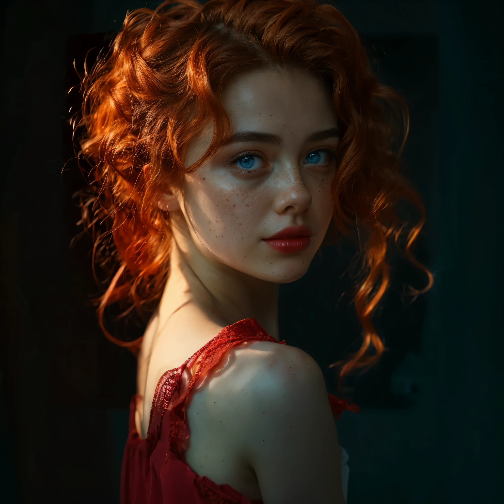 1girl, solo, freckles, blue eyes, looking at viewer, lips, realistic, portrait, curly hair, bare shoulders, wavy hair, orange hair, nose, red hair, red lips, parted lips, eyelashes, looking back