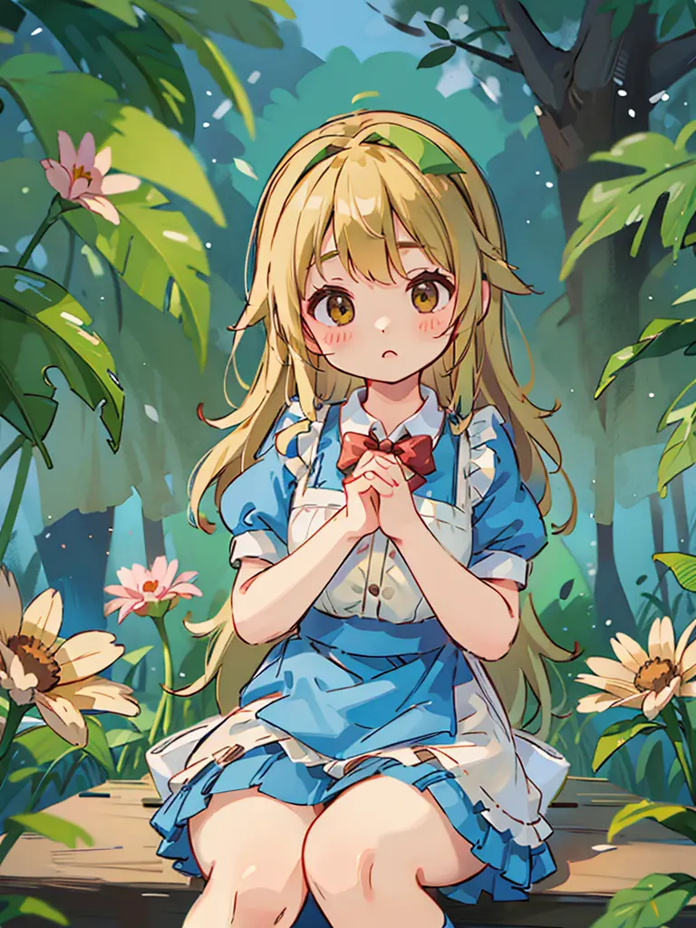A 12-year-old girl with a cute Alice in Wonderland blonde wavy headband.、Sitting naked、She spreads her legs wide and shows her b...