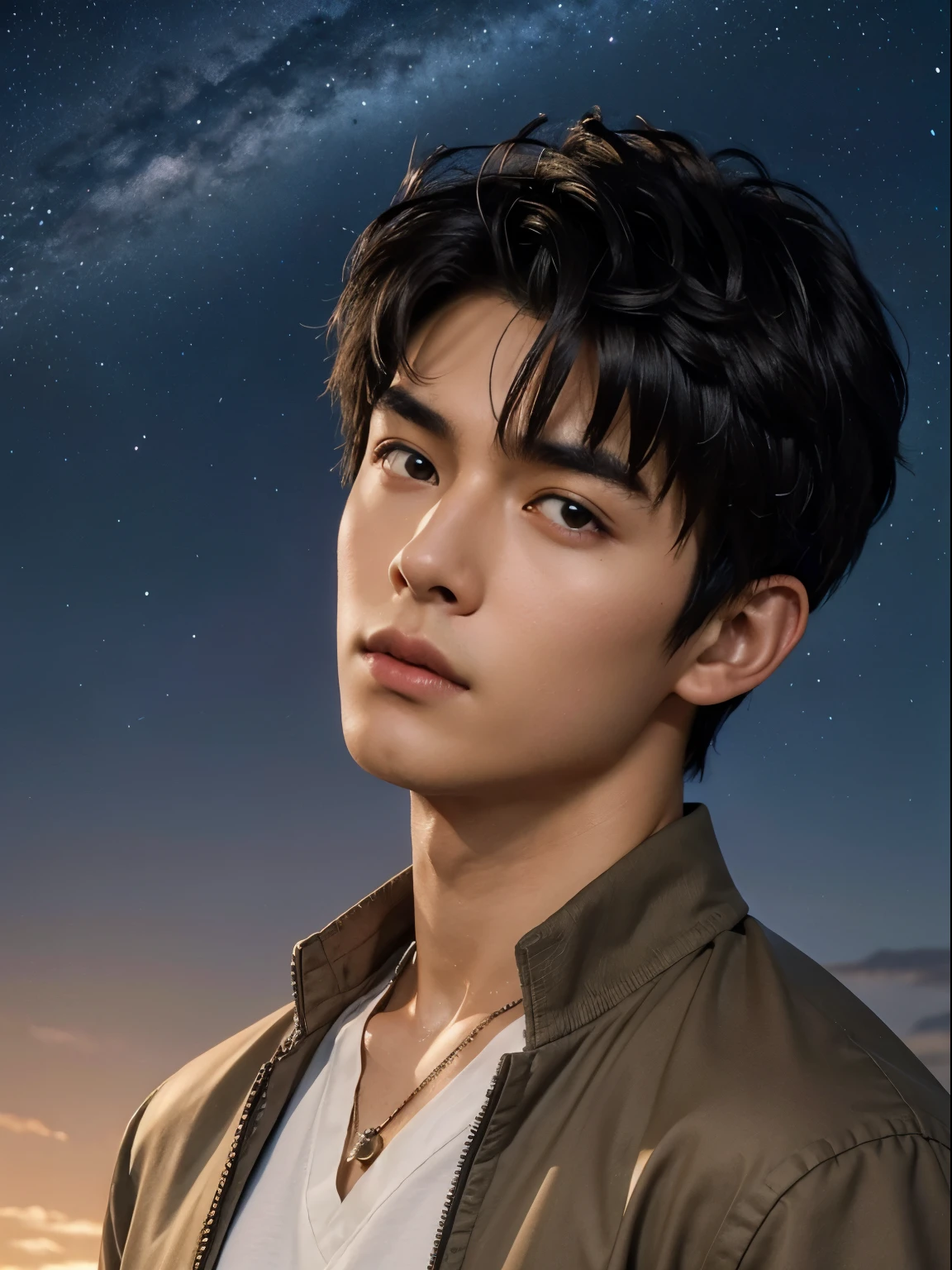 (photorealistic, masterpiece, 8K HD, good lighting quality, portrait, closing up on face, intricate details, dim lighting), a handsome young vietnamese man, 25 years old, sharp gaze, confident, soft smirk, detailed face, detailed eyes, looking at the sky, wearing short-sleeved jacket over shirt, casual wear, necklace, dark brown eyes, (tanned skin), lean physique, black hair, smooth hair, hair bangs, short hair, straight hair, outdoors, dawn, stars, constellation, cosmical, dreamy world, surrealism, ethereal