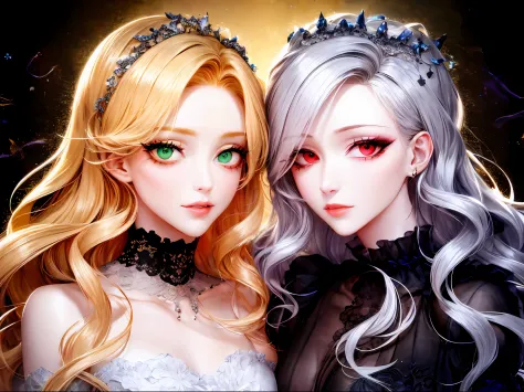 shoujo-style, (floral background), romance manhwa, (2girls:1.2), (aligned), silver hair, blonde hair, solo, long hair, flower, d...