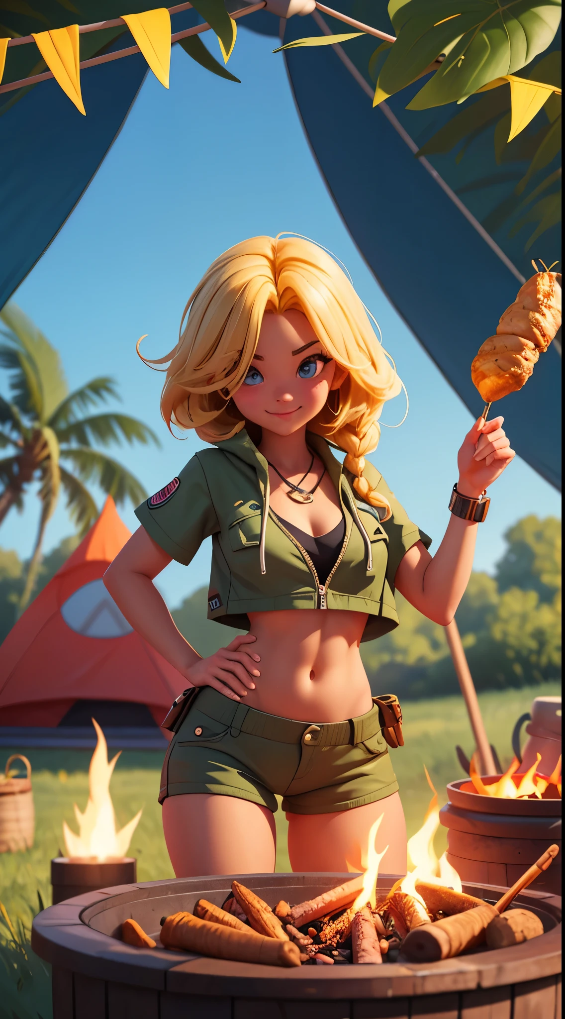 on a，full bodyesbian, confront, looking at viewert, Blonde hair,(Happy emoji)， Adventure clothing，Voluptious body, Ripe body,perfect  eyes, Tent in the background ，bonfires，Rotisserie