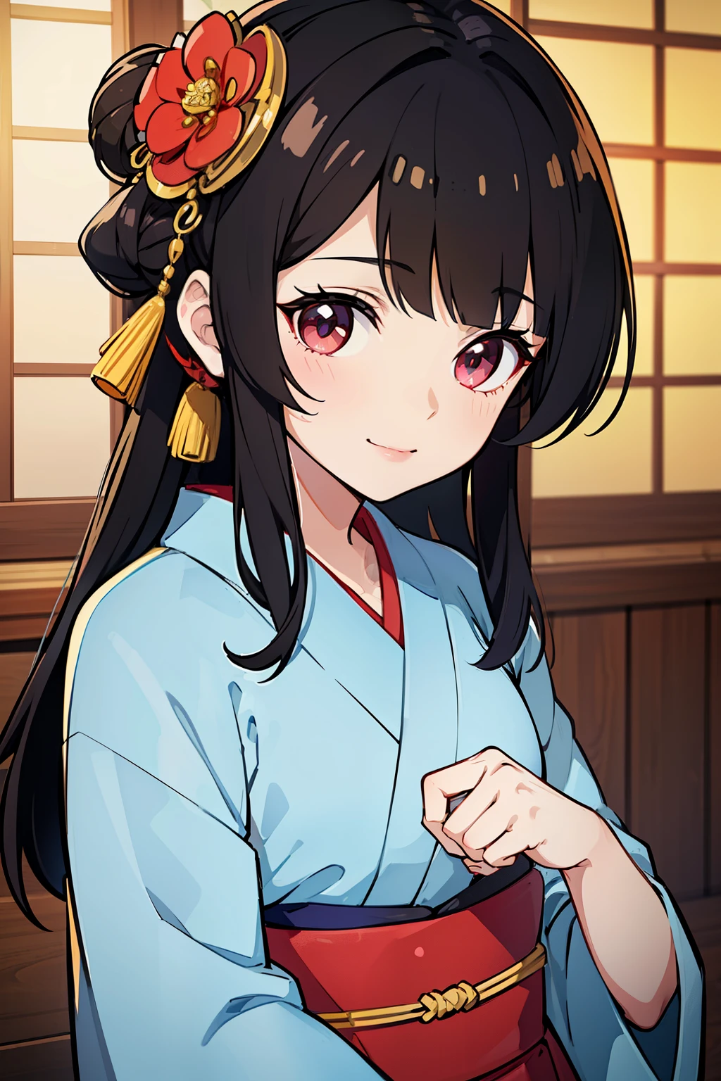 (high-quality, breathtaking),(expressive eyes, perfect face) ((yukata)), 1girl, female, solo, young child , black hair, red streaks, black coloured eyes, gentle smile, medium length hair, loose hair, side bangs, curley hair, japanese clothing, elegant, soft make up, hair pin accessory in hair, oiran, demon slayer art style