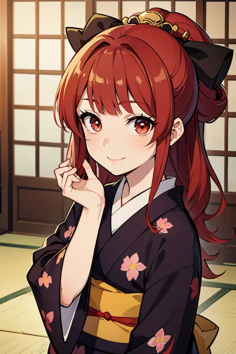 (high-quality, breathtaking),(expressive eyes, perfect face) ((yukata)), 1girl, female, solo, young child , red hair, red streak...