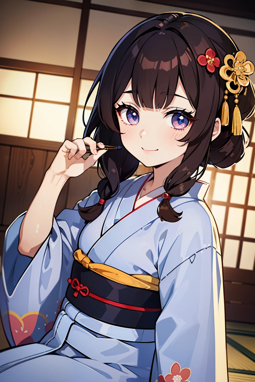 (high-quality, breathtaking),(expressive eyes, perfect face) ((yukata)), 1girl, female, solo, young  , brown hair, red streaks, blue coloured eyes, gentle smile, medium length hair, loose hair, side bangs, curley hair, japanese clothing, elegant, soft make up, hair pin accessory in hair, oiran, demon slayer art style