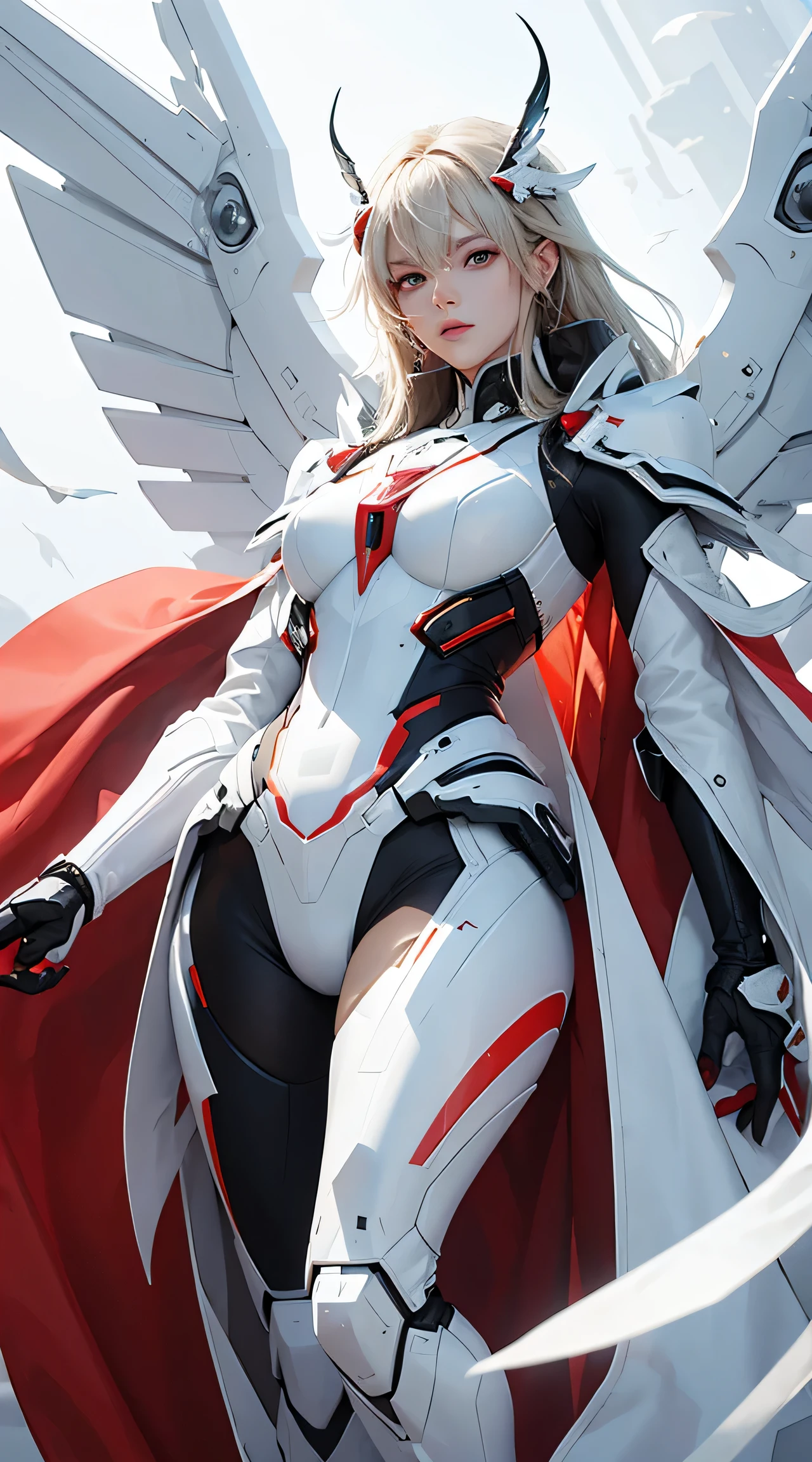 Perfect masterpiece, Best quality at best, Super handsome mecha, white colors, long slim figure, wings, red eyes