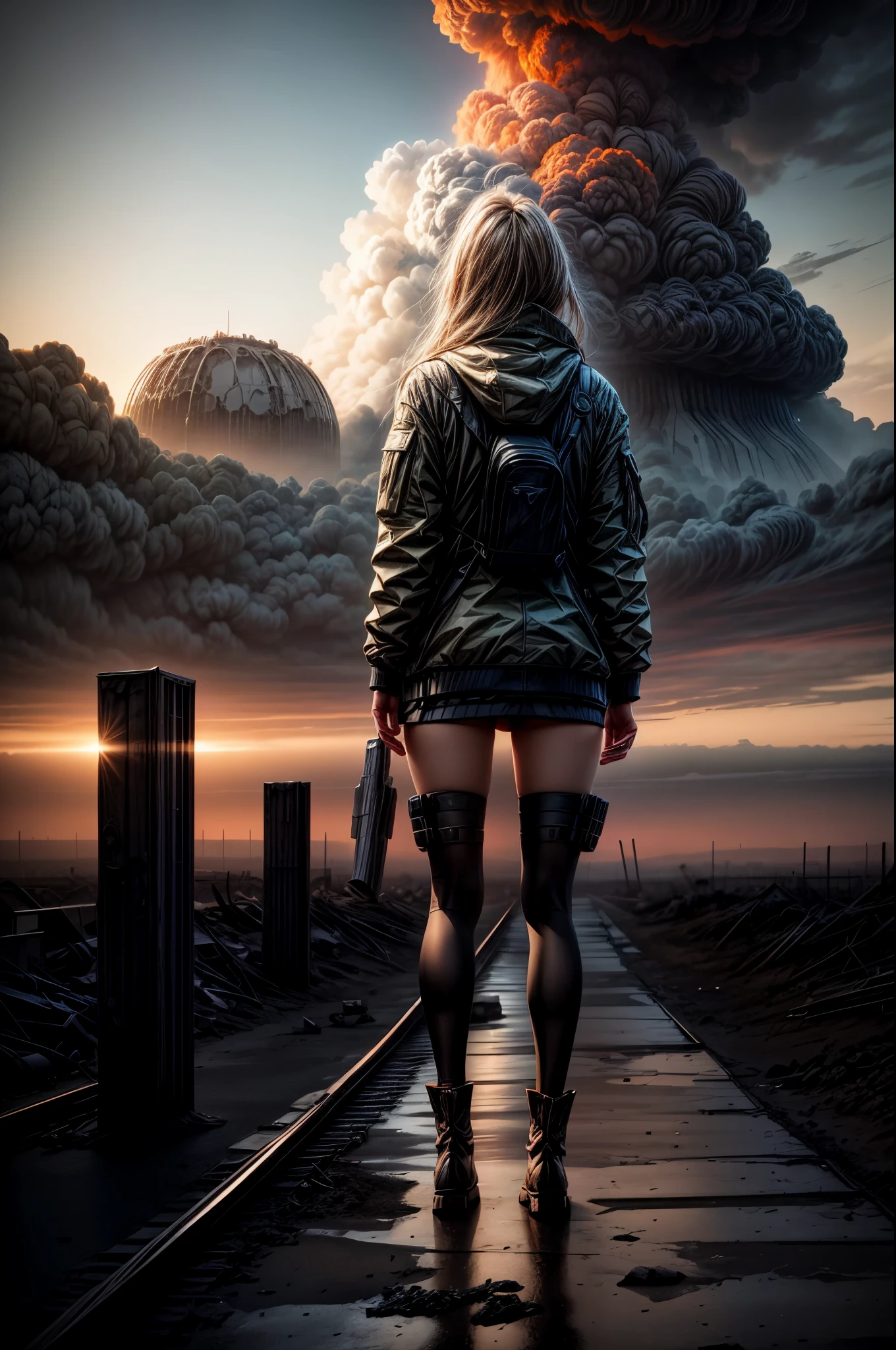 A woman standing in the middle of a ruined city, in the distance a nuclear explosion can be seen, destroying the horizon, with a cinematic style, mind-blowing details, heavy shading and clear lights.