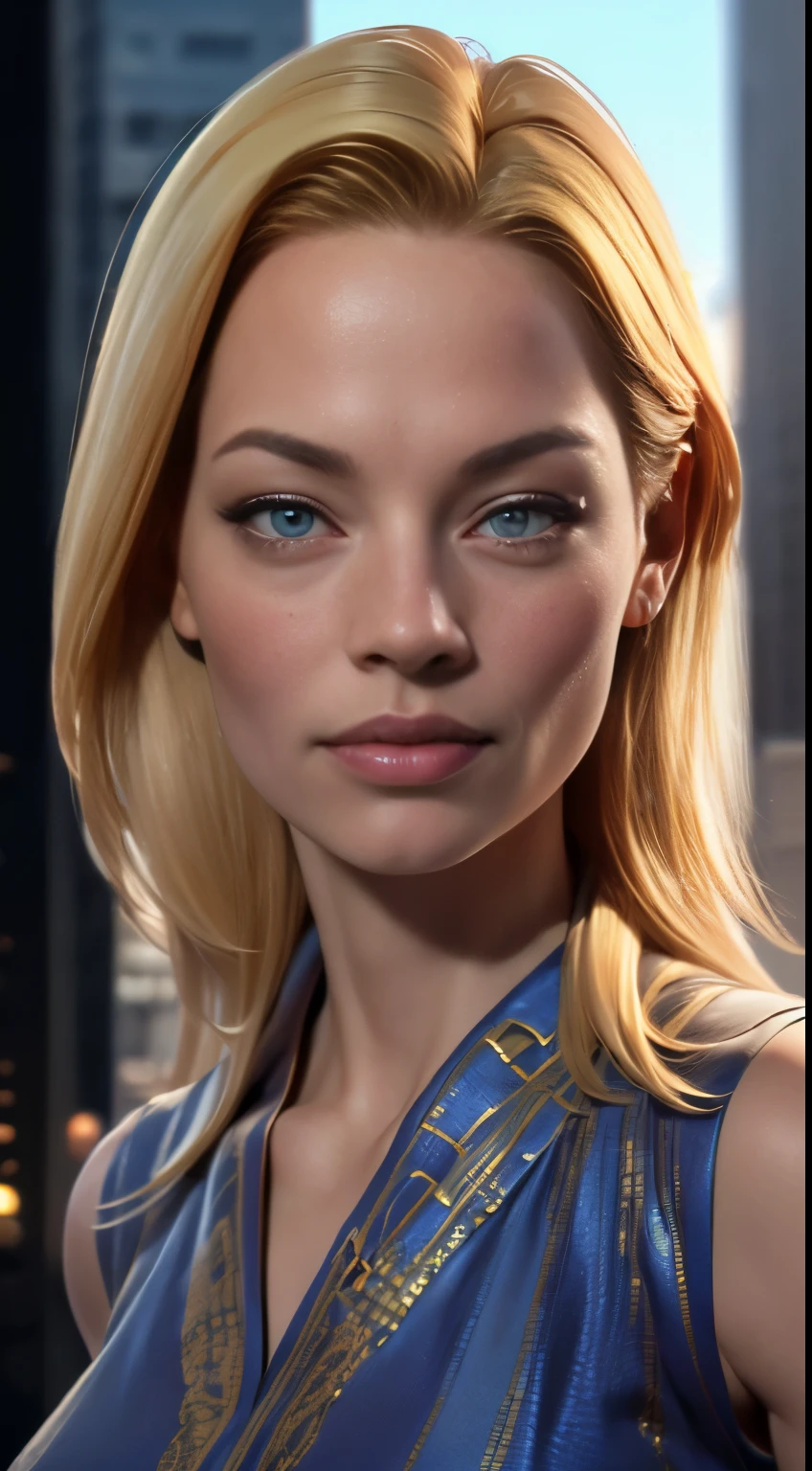 photo of Jeri Ryan, RAW, beautiful woman, ((portrait)), ((detailed face:1.2)), ((detailed facial feature, detailed skin, clear skin), (perfect proportioned body), (wearing a colorful dress) (high detailed city environment, apartment balcony), (realistic photo, best quality, detailed), (8k wallpaper), (cinematic lighting, dramatic lighting) (sharp focus, intricate)