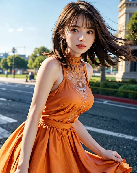 a woman posing on the street corner with light orange dress on, best quality, high res, 8k, 1girl, (huge breasts), day, bright, ...