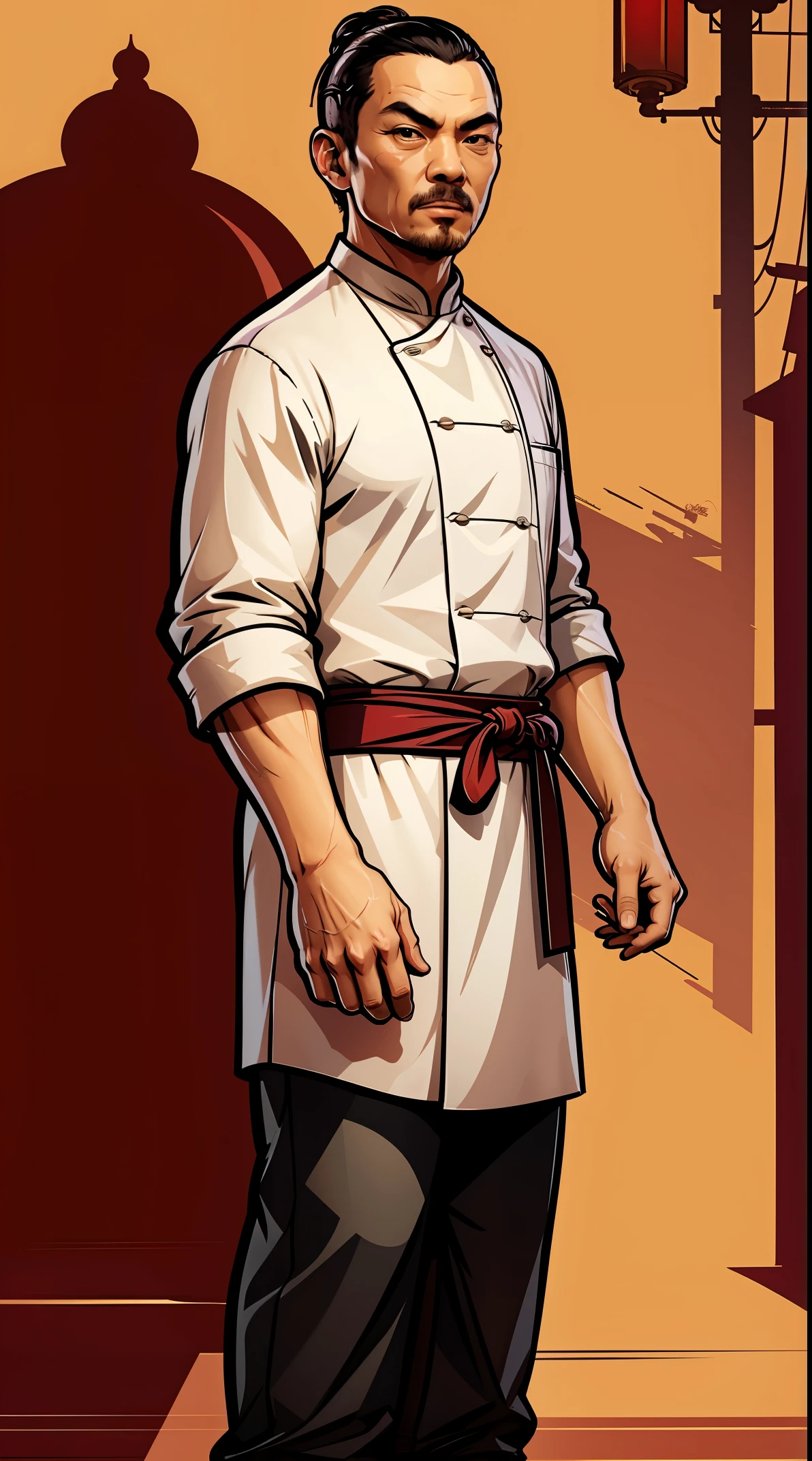 Une image 4k d'un chef cuisinier chinois, (ombrage de couleur vectorielle), ton de couleur chaude, Style artistique 2D de GTA, chef-d&#39;œuvre, Meilleure qualité