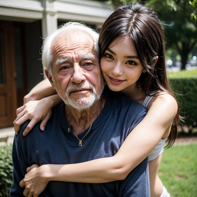 Mulher jovem e linda com homem velho, old man hugging woman from behind