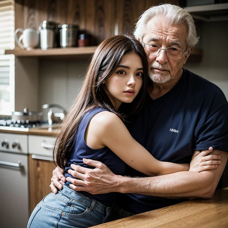 Beautiful young woman with old man, old man hugging woman from behind, fully body