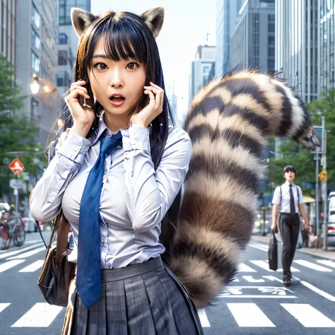 A woman wearing a pleated skirt with a raccoon tail, anthropomorphic raccoon, けもの, realistic, a picture, top-quality, Surprised ...
