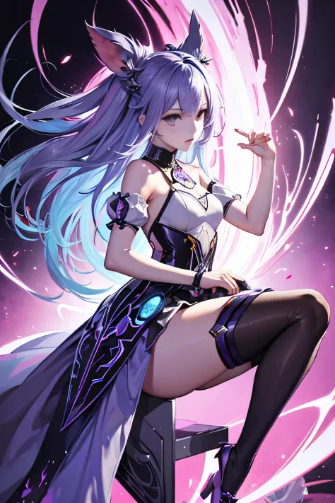 gaming character穿着电子音乐刺客紧身衣、Holding an electronic music dagger、Silver and purple hair anime full body picture close-up， seraphine ahri Keda， Extremely detailed artistic embryos， most models |Art germ， style Art germ， aak， Keda， Official splash art， King Gl...