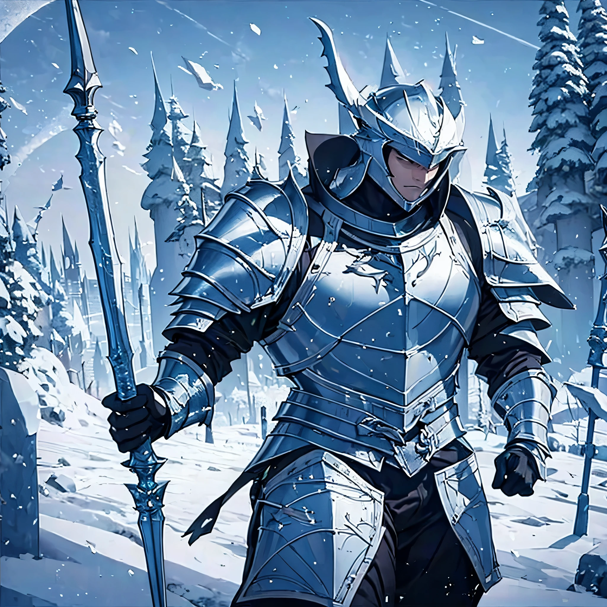 A man wearing heavy armor holding an ice sword