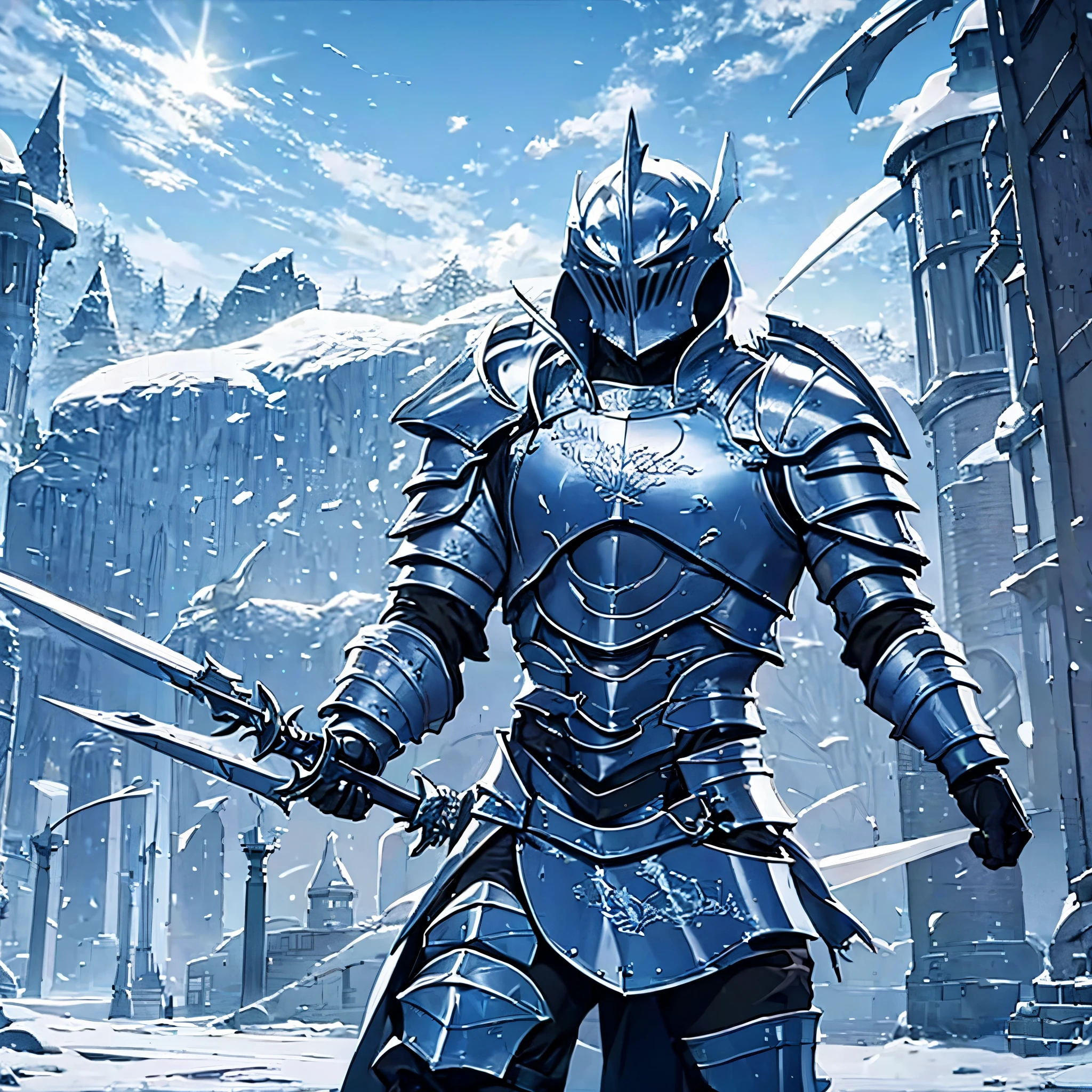 A man wearing heavy armor holding an ice sword