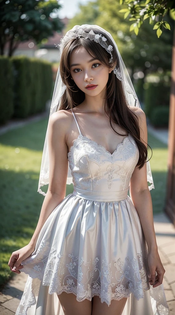1 girl, Fair-skinned, Suess, Glare from the sun, Wedding Dresses, thin,  Lace pattern, bridal veil, bokeh, deep depth of field, blurred background, light particle, high wind, Head tilt, long-haired, enormous breasts, big name, Open shoulders, See all over, Long slender legs., small waist