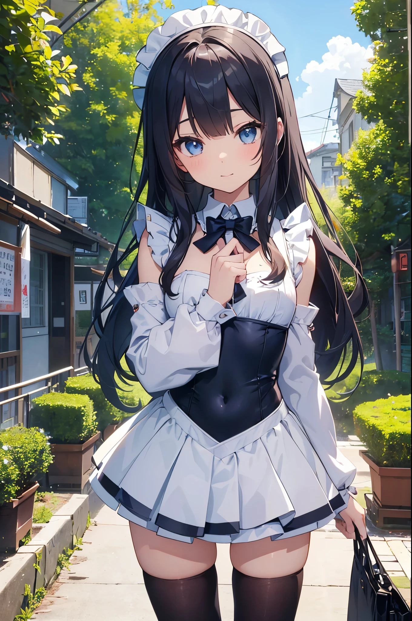 Anime girl in maid outfit standing on sidewalk with handbag - SeaArt AI