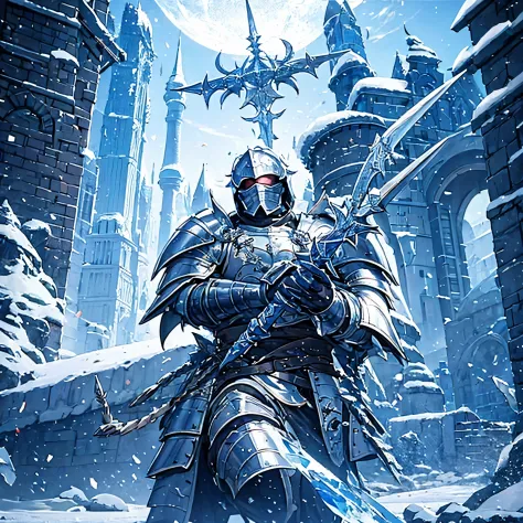 A man wearing heavy armor holding an ice sword