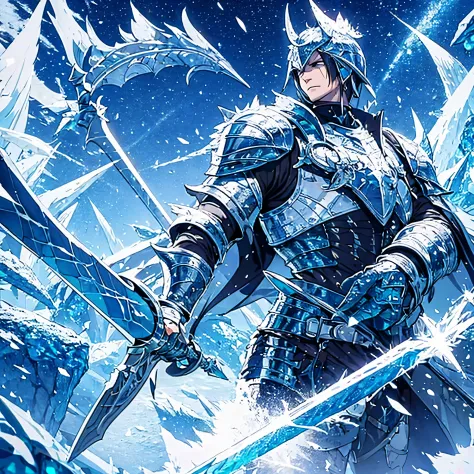 a man wearing heavy armor holding an ice sword