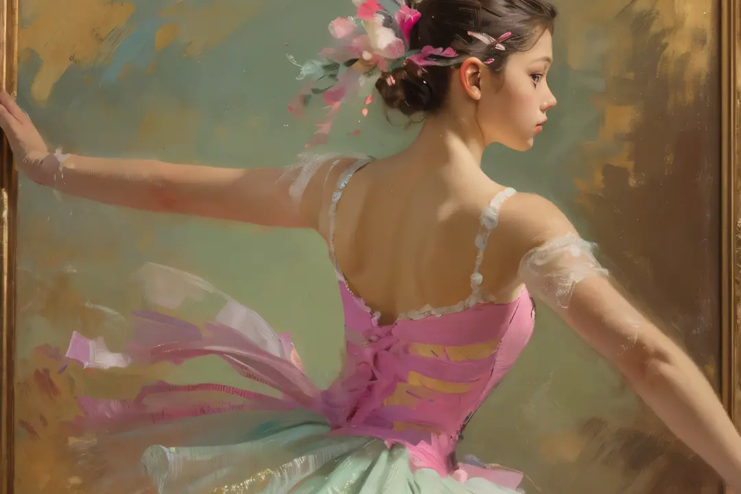 an oil painting，Edgar Degas，professional ballet dancer，Professional body movements，Light