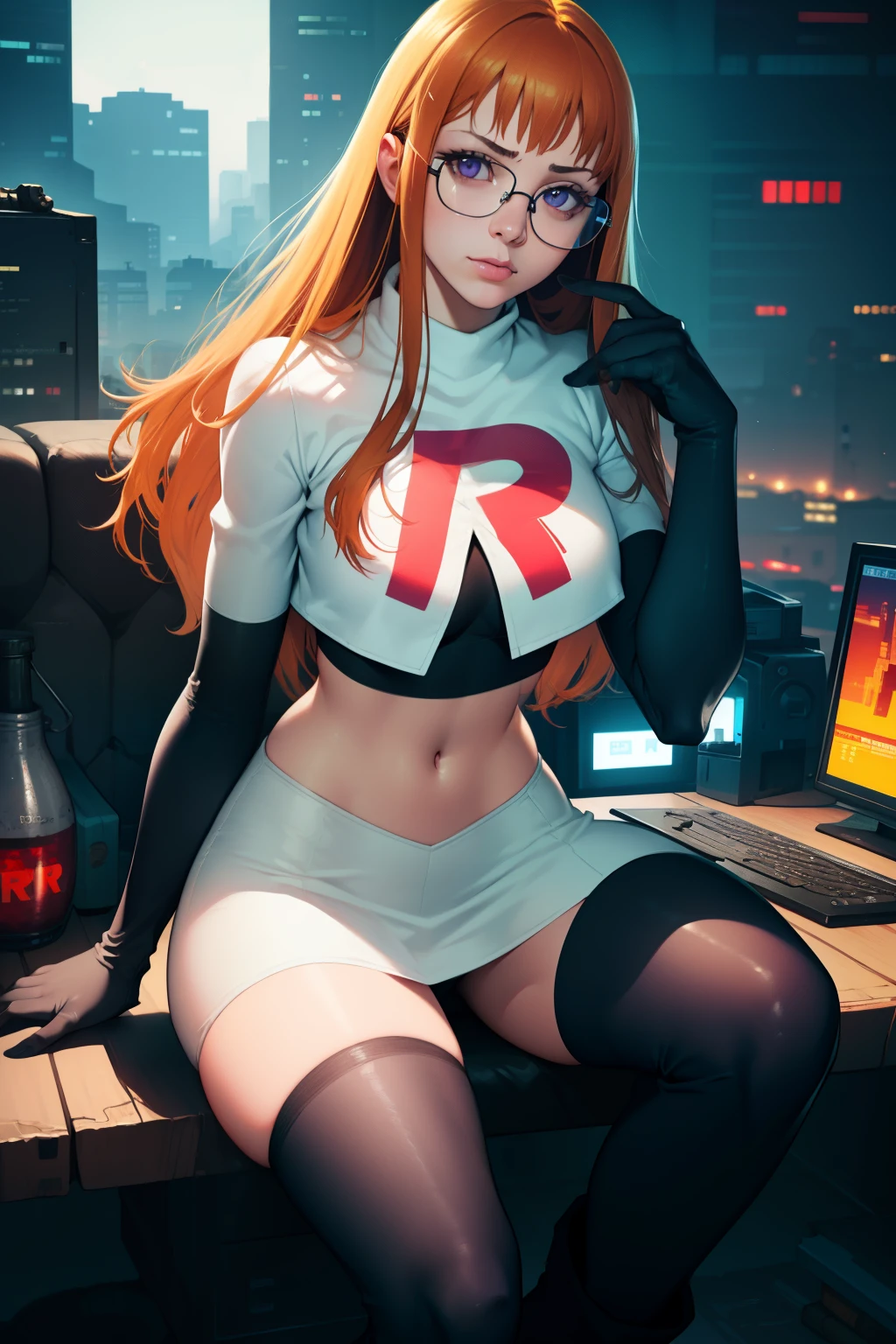 Futaba-Sakura, Rote Haare, lange Haare, lila Augen, Gläser, Team Rocket, Team Rocket uniform, roter Buchstabe R, weißer Rock, weißes bauchfreies Top, schwarze Overknee-Stiefel, schwarze Ellbogenhandschuhe, einen Computer hacken (beste Qualität,4k,8k,highres,Meisterwerk:1.2), ultra-detailliert, (realistisch,photorealistisch,photo-realistisch:1.37), cyberpunk, Porträts, leuchtende Farben, dramatische Beleuchtung, pixel art