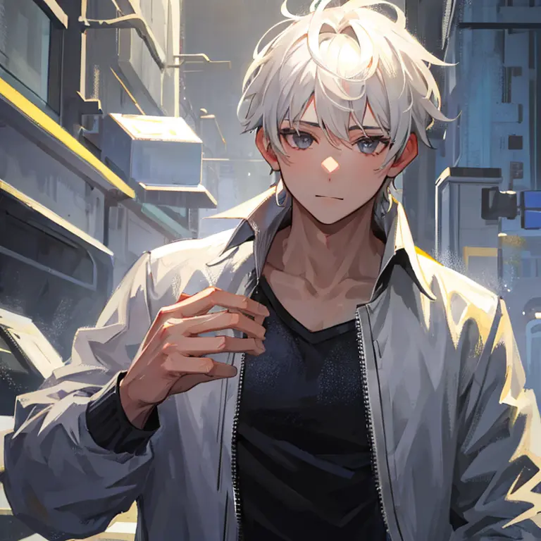 A boy with gray hair and gray eyes