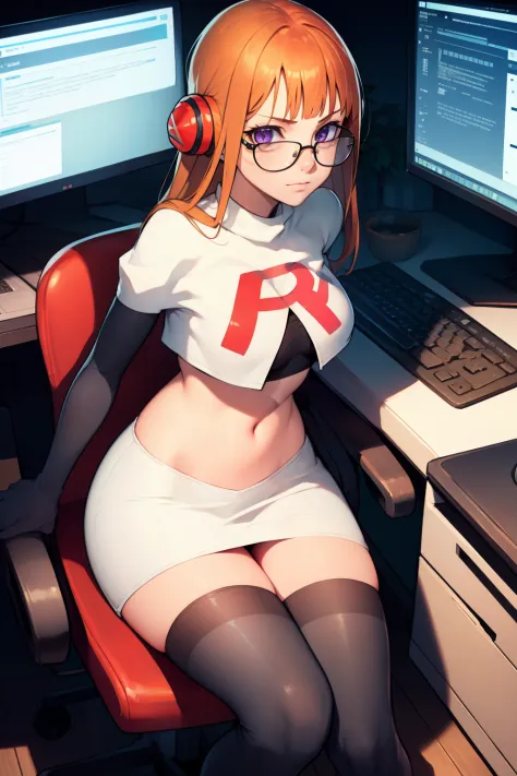 futaba sakura, orange hair, long hair, purple eyes, glasses, team rocket, team rocket uniform, red letter R, white skirt, white ...