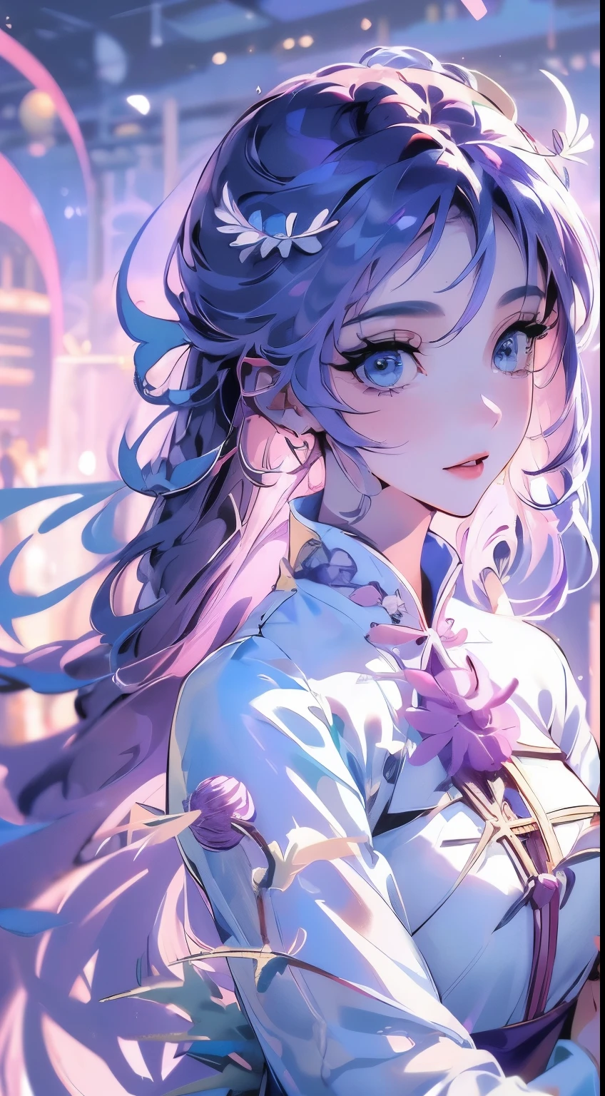 masterpiece , detailed image , detailed eyes , beautiful eyes , detailed hair , detailed hands , normal hands , detailed fingers , normal fingers , 1girl , solo , 19 year old girl , beautiful girl ,  cute girl , (Light Sky Blue eyes:1.5), sparkling eyes, bright eyes, (long hair), waist length hair, ((Thistle purple-colored hair:1.5)), (bangs hairs:1.5), (happy expression:1.5), big smile, cute emotion, big eyes , ((wearing an oversized  Carnation pink-colored innovative Ao dai :1.5 )), a cute innovative Ao dai,Modern design of Ao dai, (Decorative motifs on the ao dai use Uranian Blue color:1.5) , (Aodai clothes:1.5) ,The ao dai has some Fairy Tale colors to decorate it, Cute action, lovely pose, (white background:1.5), cinema light background, blurred background , cowboy shot , look the viewer