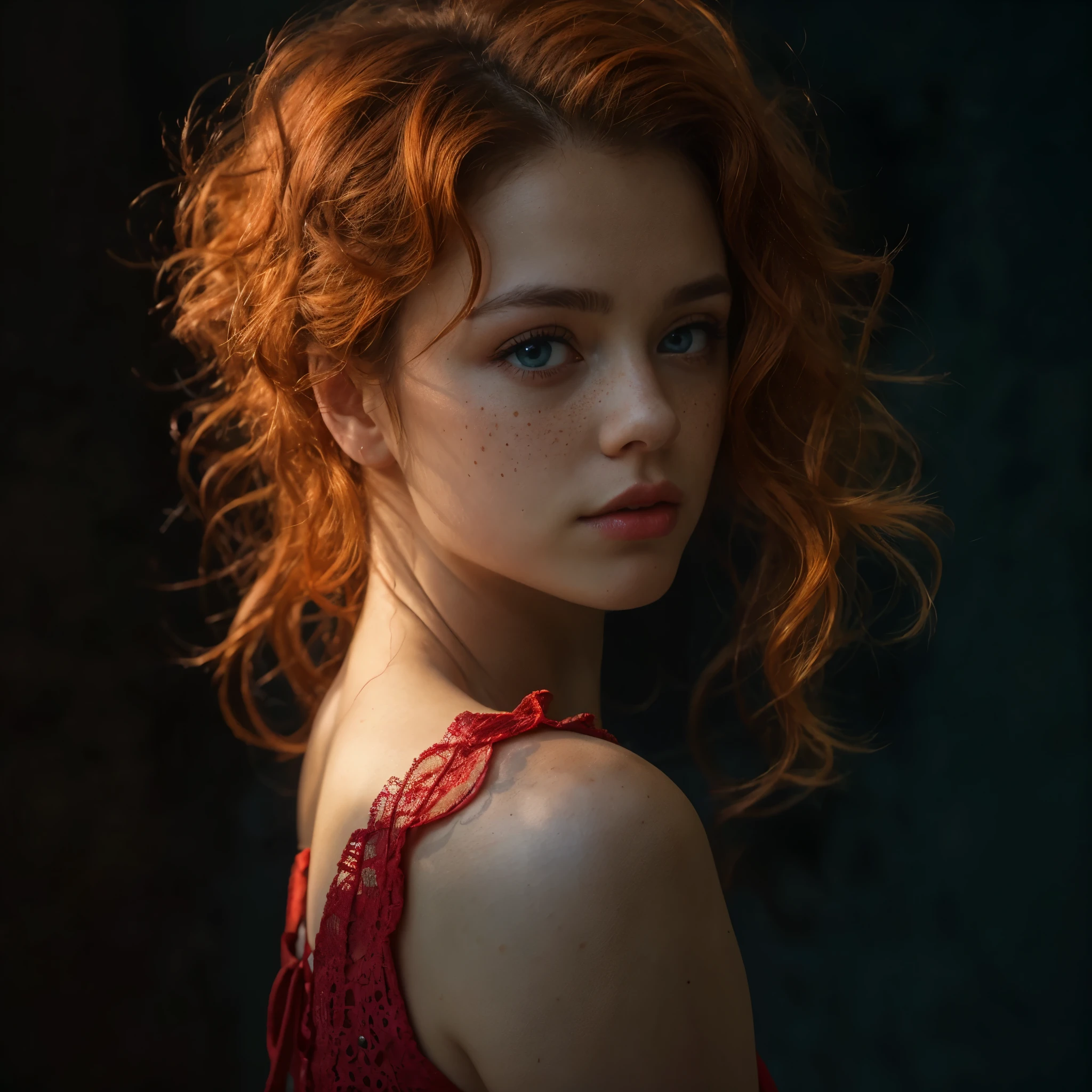 1 girl, Alone, freckle, eBlue eyes, looking at viewert, cparted lips, actual, sportrait, curlies, exposed bare shoulders, curlies, orange color hair, nase, redheadwear, red cparted lips, parted cparted lips, eyeslashes, back to look back